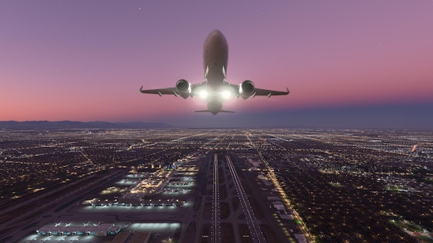 Partenza degli aerei commerciali su un'incredibile illustrazione 3d del tramonto