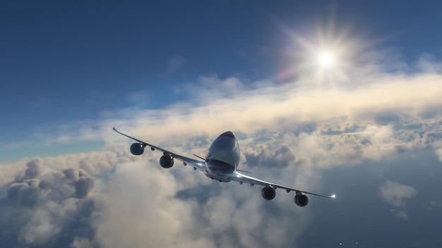 Commercial aircraft flying over the clouds in amazing sunset