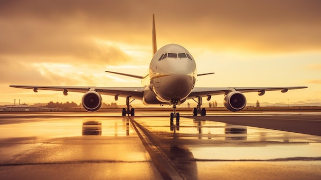 Commercial Airplane on the Airport Runway at Sunset