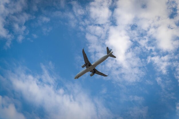 Commercial airplane flying above clouds in blue sky