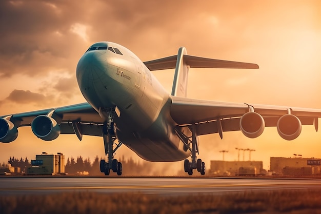 夕暮れ時に雲の上を飛ぶ民間航空機