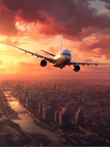 Photo commercial airplane flying above clouds at sunset