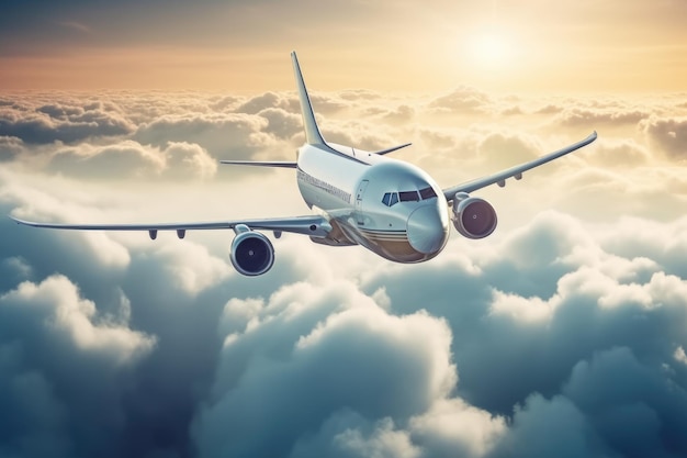 Commercial airplane flying above clouds