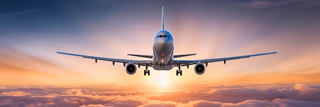 Commercial airplane flying above dramatic clouds during sunset Generative AI