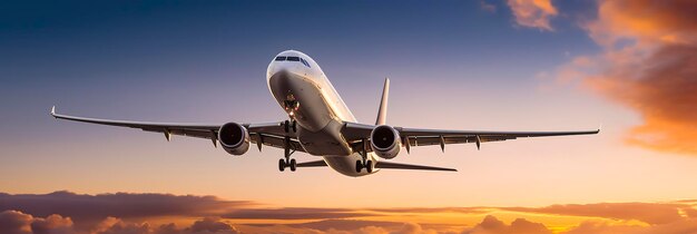 Commercial airplane flying above dramatic clouds during sunset Generative AI