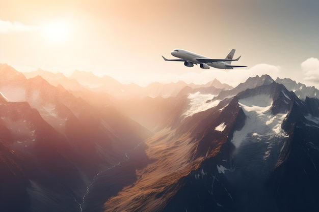 Коммерческий самолет, летящий над живописным пейзажем в красивом закатном свете, сгенерирован AI