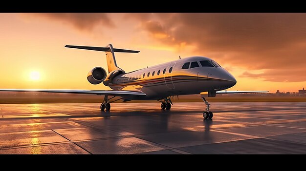 Commercial airplane jet during a sunset transport travel luxury concept
