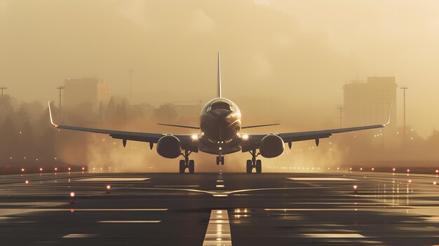 Foto atterraggio di un aereo commerciale sulla pista all'alba concetto di viaggio internazionale fotografia aeronautica moderna ai