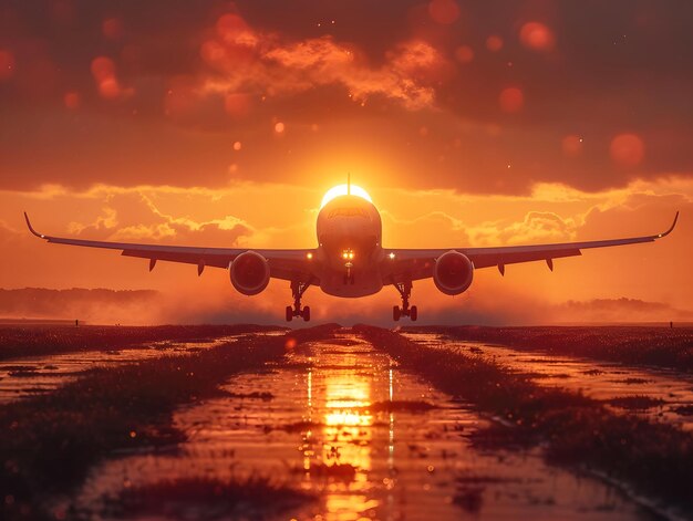 Commercial airplane landing at sunset with glowing sky and reflection on wet runway