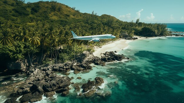 Photo commercial airplane taking off from tropical island