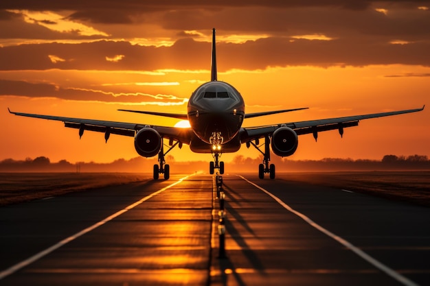 Commercial airplane taking off at sunset with landing gear down on airport runway