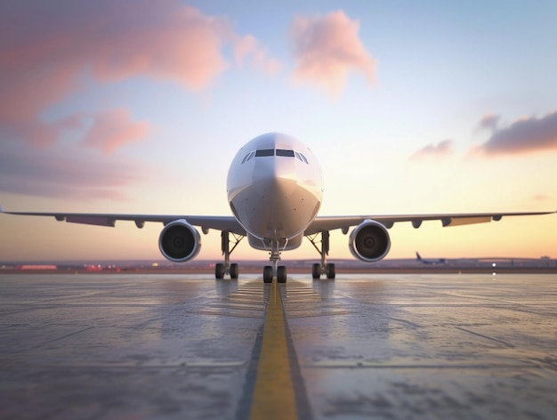 Photo commercial airplane on tarmac at sunset