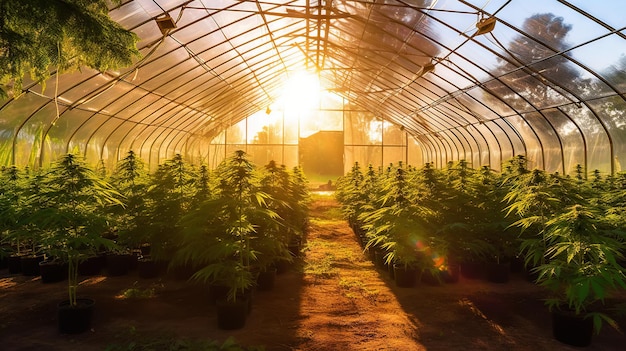 Commercial Cannabis grow in greenhpuse Rows of plants Generative AI