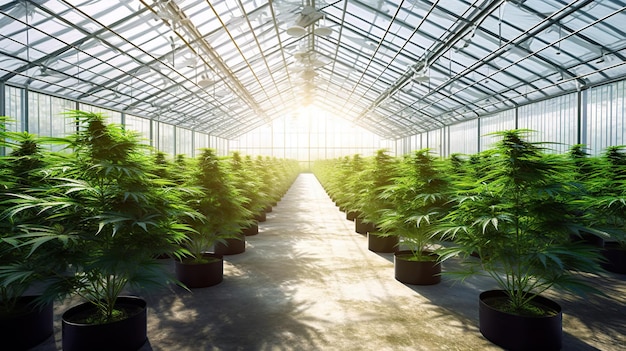 Commercial Cannabis grow in greenhpuse Rows of plants Generative AI