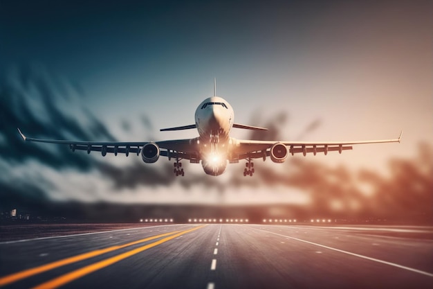 Commercial or cargo airplane taking off from the airport runway