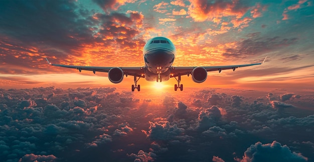 Коммерческий гражданский самолет летит над облаками на ярком солнце. Концепция путешествий и транспорта. Изображение, сгенерированное ИИ