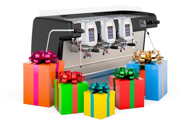 Commercial coffee machine with gift boxes 3D rendering