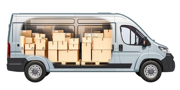 Commercial delivery van with parcels cardboard boxes inside Freight transportation delivery concept