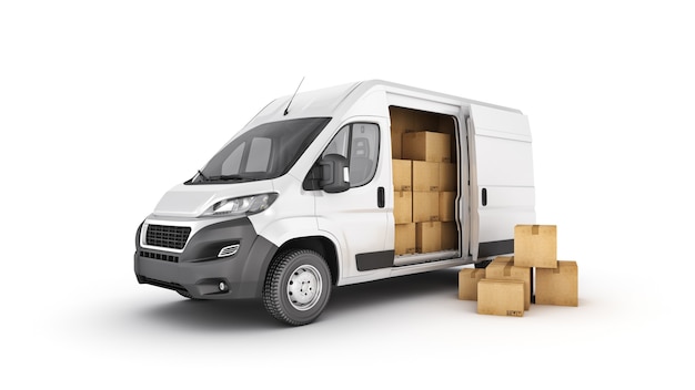 commercial delivery vans with cardboard boxes 3d rendering