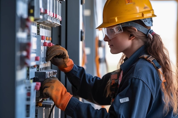 Photo commercial electrician working on a fuse box adorned with safety equipment