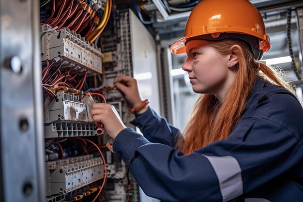 Commercial electrician working on a fuse box adorned with safety equipment