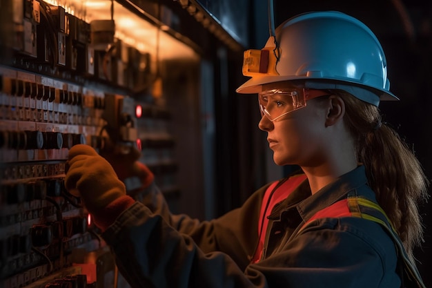 Commercial electrician working on a fuse box adorned with safety equipment