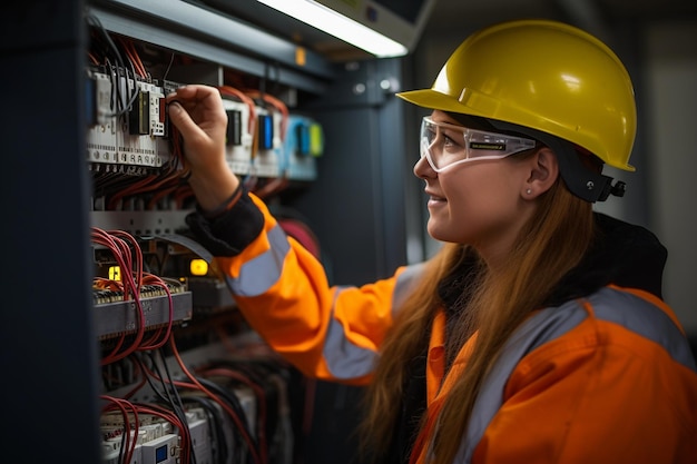 Commercial female electrician working on a fuse box