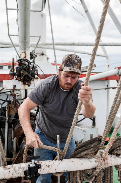 Commercial fisherman working on the deck of a ship