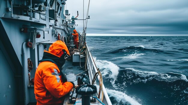 Commercial fishing vessel navigating stormy seas aig