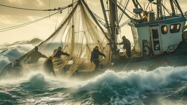 Commercial fishing vessel navigating stormy seas aig