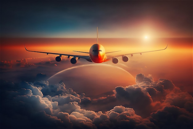 Commercial flight of passenger aircraft or Airplane in the sky at sunrise flying above the clouds