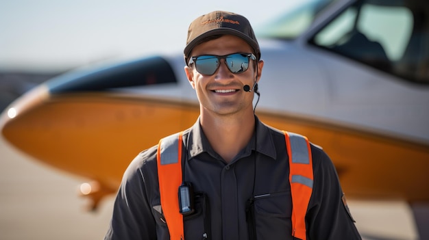 Commercial flight pilot stands in front of a passenger airplane