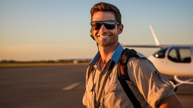 Commercial flight pilot stands in front of a passenger airplane