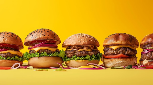 Commercial food photography a group of tempting various different burgers against yellow background