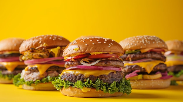Commercial food photography a group of tempting various different burgers against yellow background
