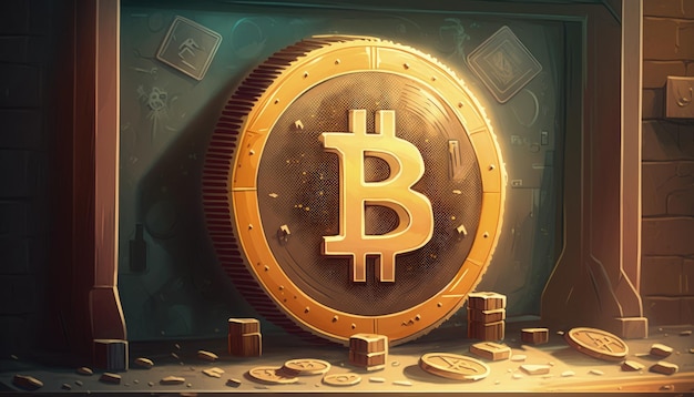 Коммерческая иллюстрация концепции криптовалюты Bitcoin Fantasy Иллюстрационная живопись Генеративный ИИ