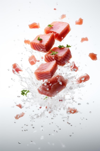 Commercial image of flying pieces of red fish Japanese dish sashimi AI generation