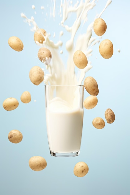 Commercial image of potato milk with splash on blue background AI generation