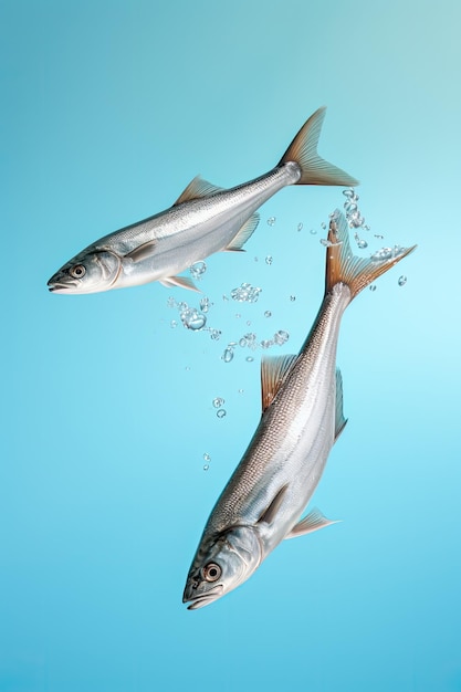 Commercial image of salmon on blue background with splashing water AI generation