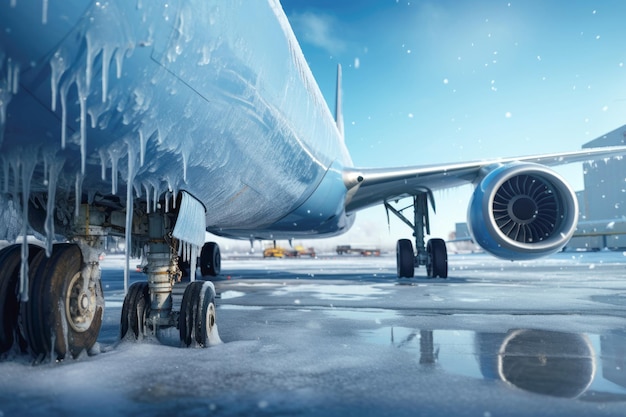 A commercial jet aircraft on a frosty winter day with its turbines and wings covered in ice as it prepares for takeoff