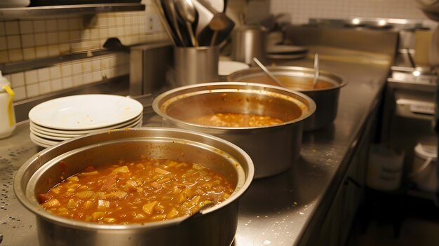 Commercial Kitchen Pots of Stew and Spoons