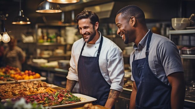 Photo in the commercial kitchen three cooks of different races converse