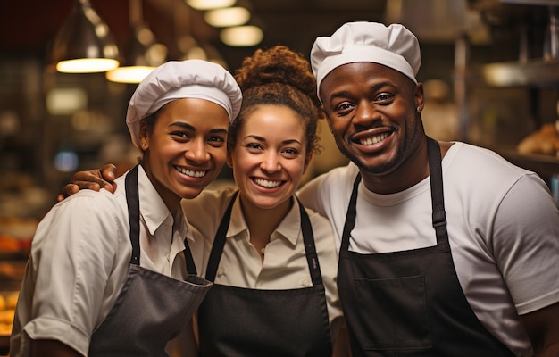 In the commercial kitchen three cooks of different races converse