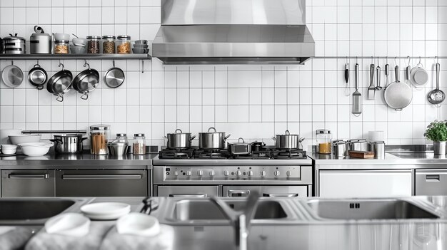 A commercial kitchen with a stainless steel stove hood and countertops There are pots pans and other kitchenware hanging on the walls