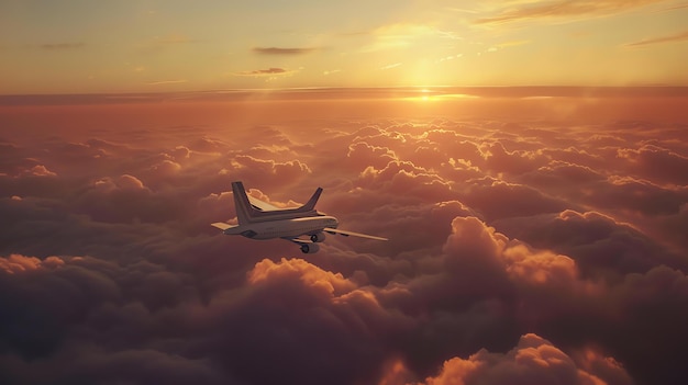 A commercial passenger jet flies high above the clouds at sunset