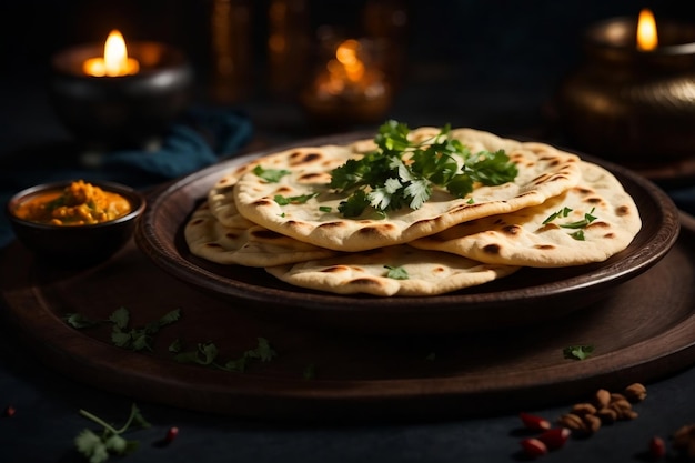 広告写真 美しい暗い背景 トレンディなロティ フラットブレッドプレート 美味しいインド料理