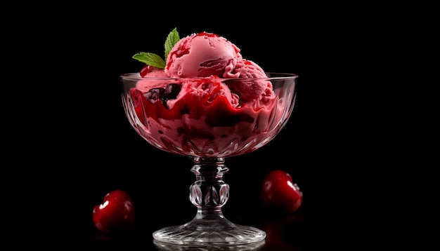 Commercial photo of cherry ice cream in a glass bowl on a dark background