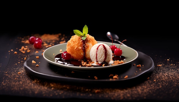 Commercial photo of fried cherry ice cream restaurant serving on a dark background