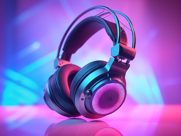 Commercial photography of cyberpunk headphones pastel neon background triadic color grading