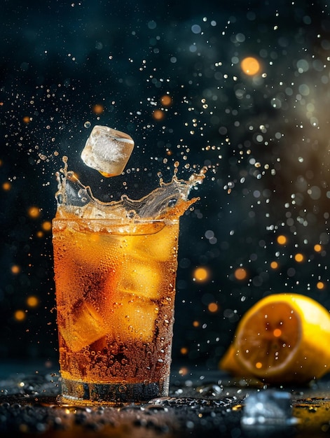 Foto una fotografia commerciale di un bicchiere di tè al limone ghiacciato con cubetti di ghiaccio e spruzzi
